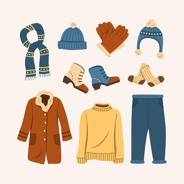 Vector hand drawn flat winter clothes and essentials collection