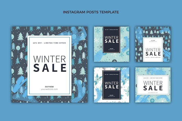 Vector hand drawn flat winter instagram posts collection