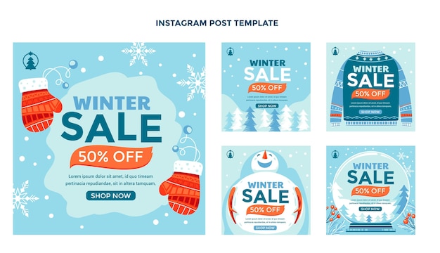 Hand drawn flat winter instagram posts collection