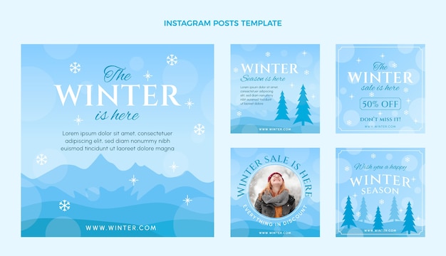 Vector hand drawn flat winter instagram posts collection