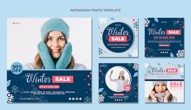 Vector hand drawn flat winter instagram posts collection