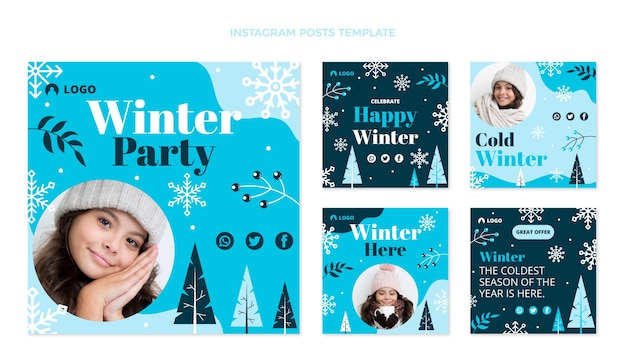 Vector hand drawn flat winter instagram posts collection