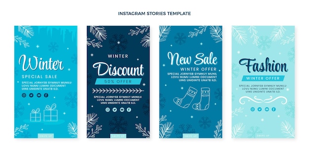 Collezione di storie di instagram invernali piatte disegnate a mano