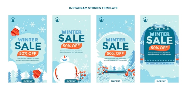 Collezione di storie di instagram invernali piatte disegnate a mano