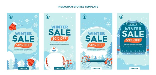 Collezione di storie di instagram invernali piatte disegnate a mano