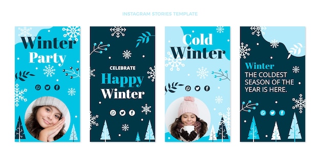 Vector hand drawn flat winter instagram stories collection