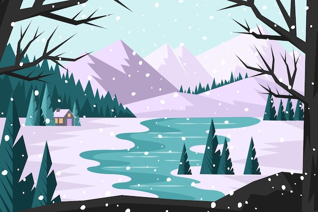 Vector hand drawn flat winter landscape illustration