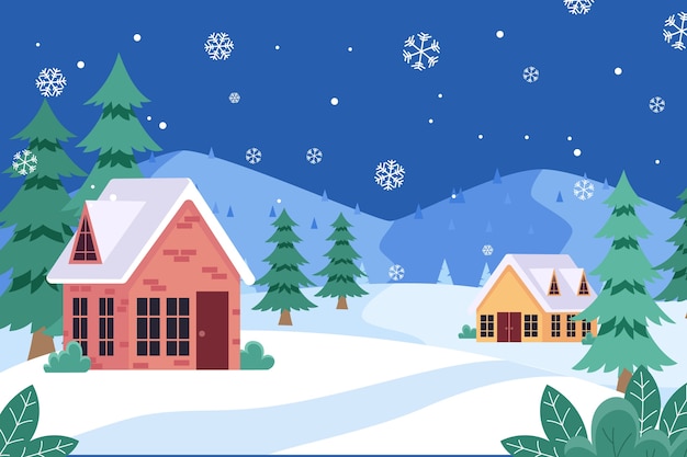 Vector hand drawn flat winter landscape illustration