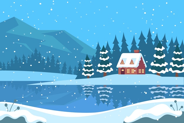 Hand drawn flat winter landscape illustration