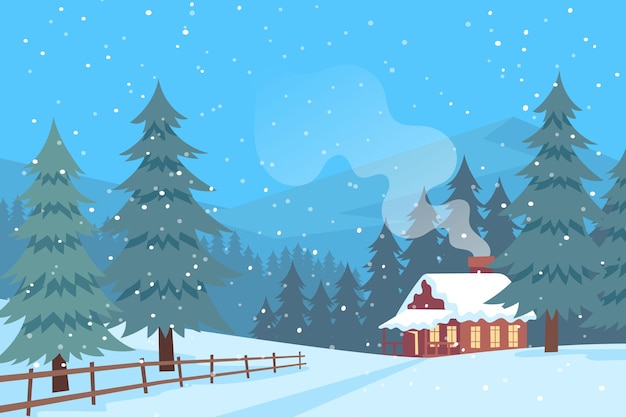 Hand drawn flat winter landscape illustration