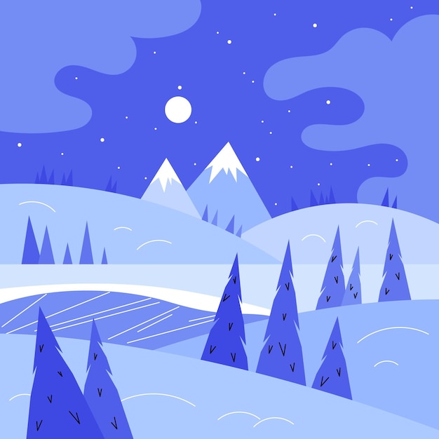 Hand drawn flat winter landscape illustration