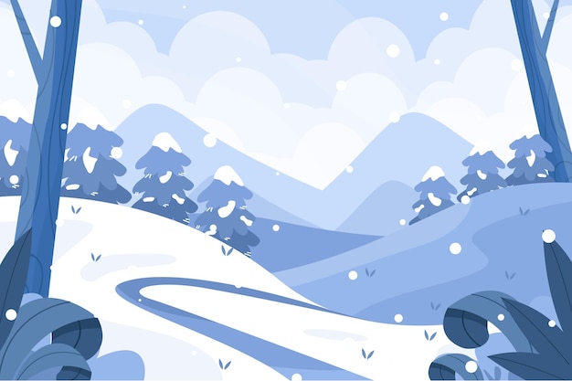 Vector hand drawn flat winter landscape illustration