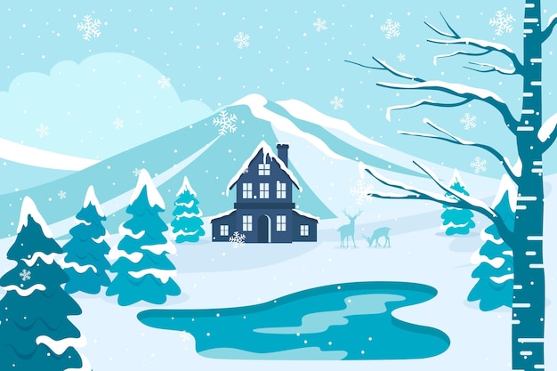 Vector hand drawn flat winter landscape illustration