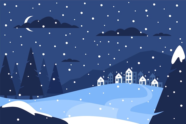 Вектор Ручной обращается плоский зимний пейзаж с деревней