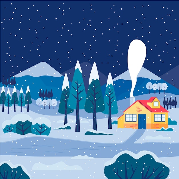 Vector hand drawn flat winter landscape