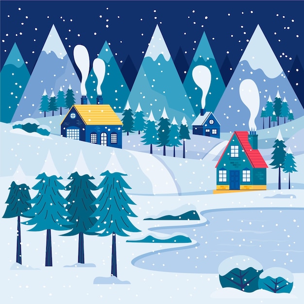 Vector hand drawn flat winter landscape