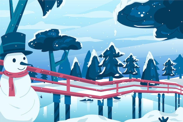 Vector hand drawn flat winter landscape