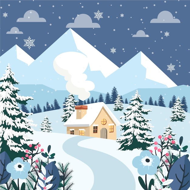 Vector hand drawn flat winter landscape