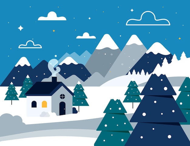 Vector hand drawn flat winter landscape