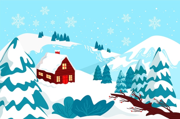 Vector hand drawn flat winter landscape