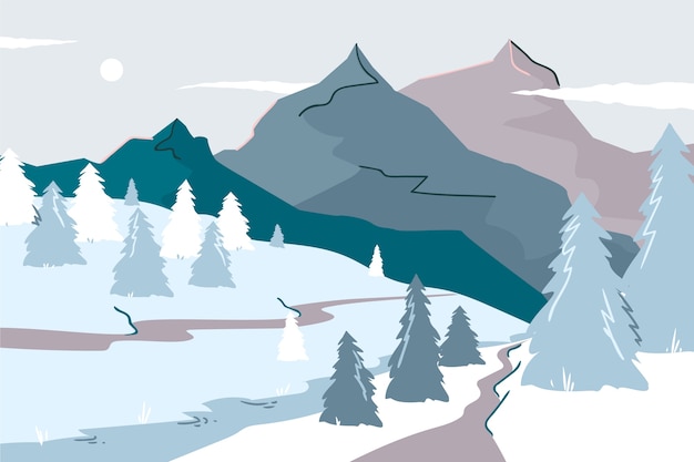 手描きの平らな冬の風景