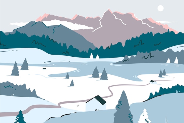 手描きの平らな冬の風景