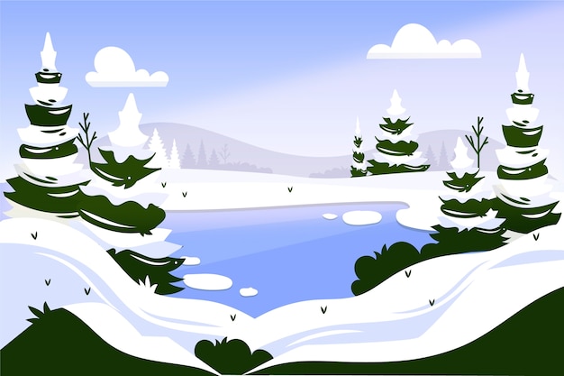 Vector hand drawn flat winter landscape