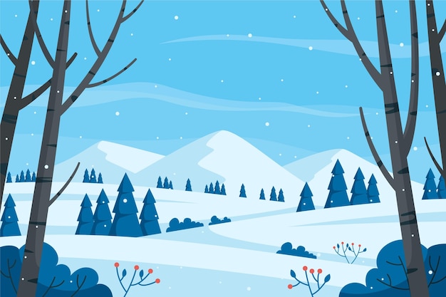 Hand drawn flat winter landscape