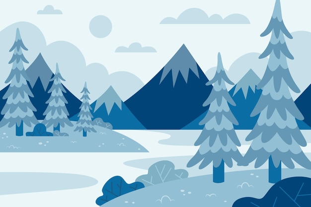 Vector hand drawn flat winter landscape