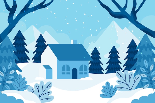 Vector hand drawn flat winter landscape