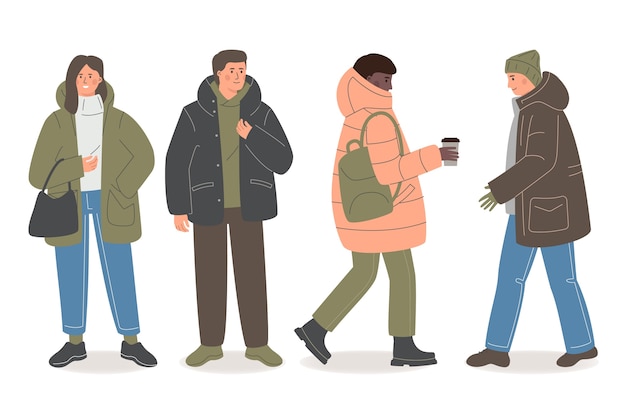 Vector hand drawn flat winter people collection