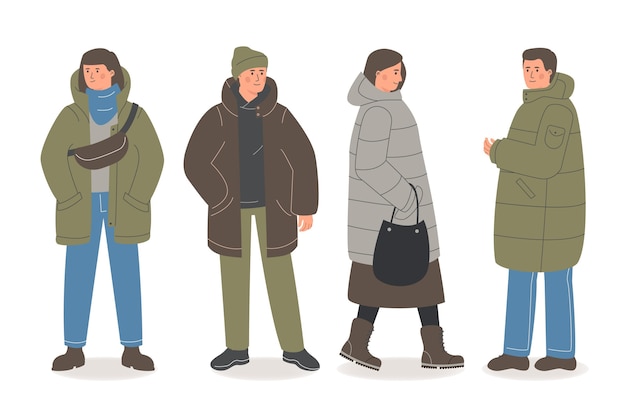 Vector hand drawn flat winter people collection