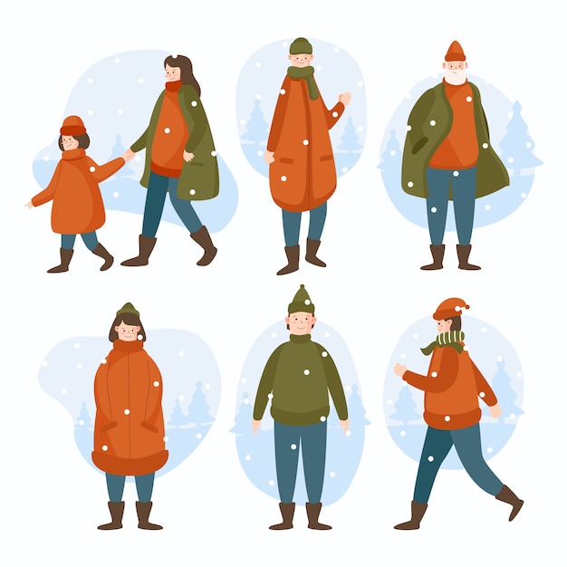 Vector hand drawn flat winter people collection