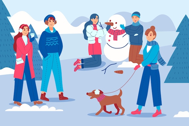 Vector hand drawn flat winter people collection