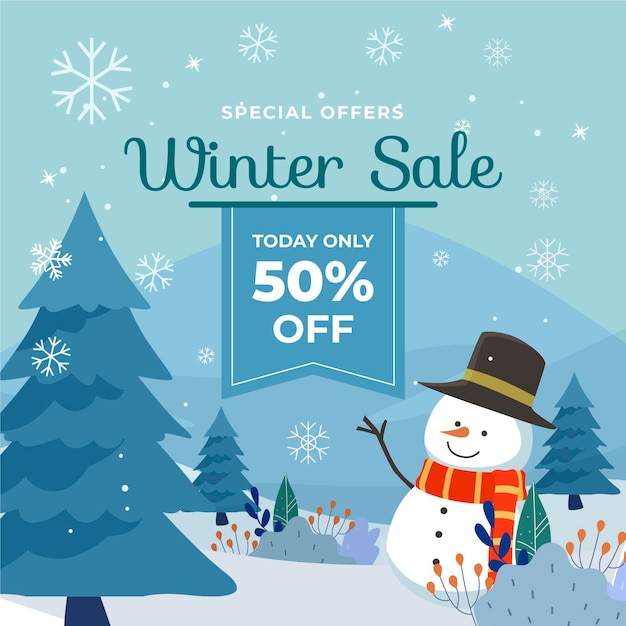 Vector hand drawn flat winter sale illustration and banner