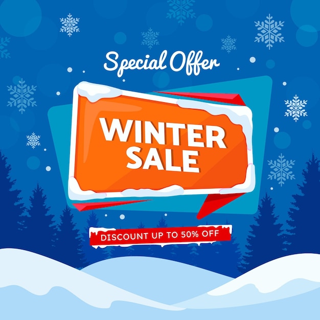 hand drawn flat winter sale illustration and square banner
