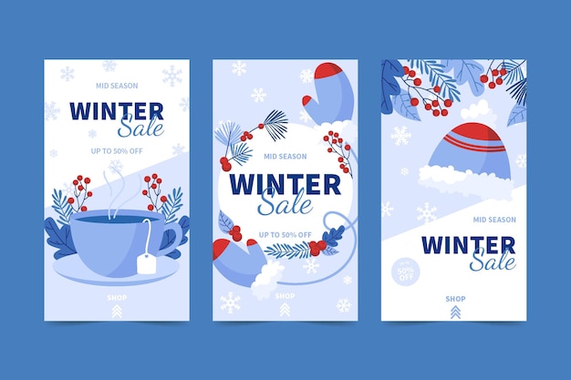 Vector hand drawn flat winter sale instagram stories collection