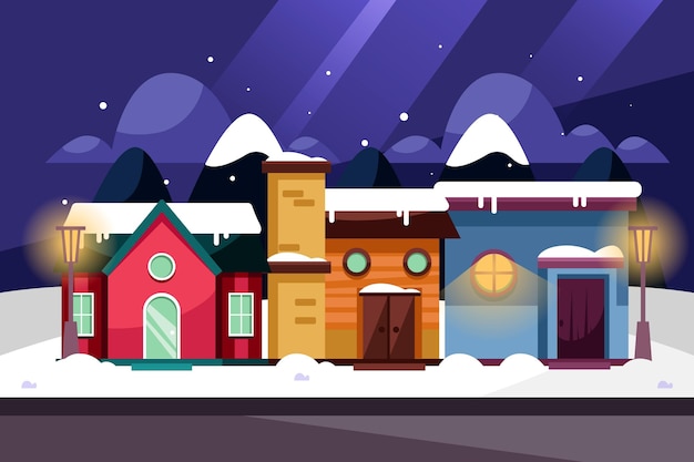 Vector hand drawn flat winter village illustration