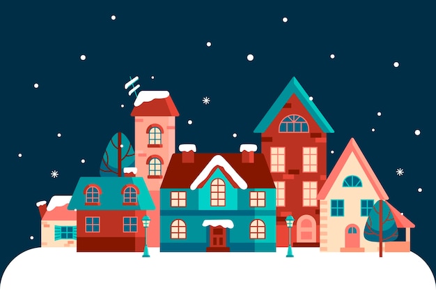 Vector hand drawn flat winter village illustration