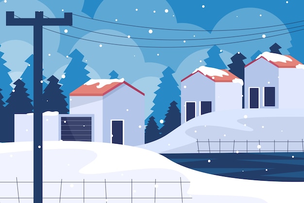 Hand drawn flat winter village illustration