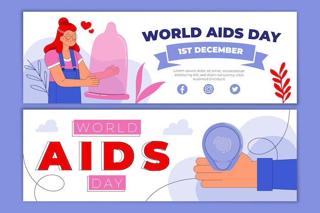 Hand drawn flat world aids day horizontal banners set