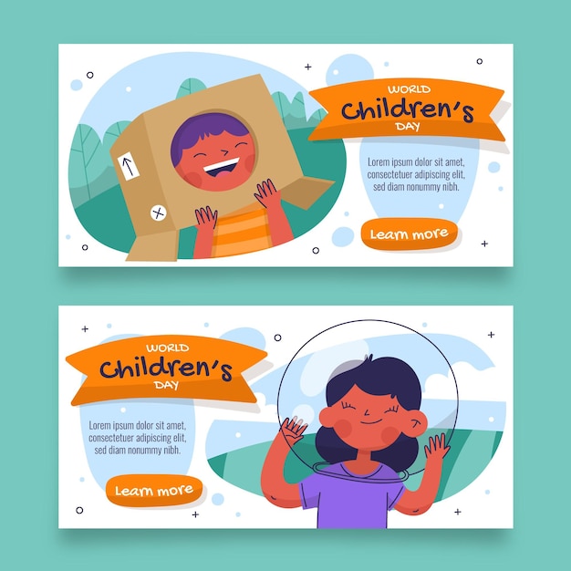 Hand drawn flat world children's day horizontal banners set