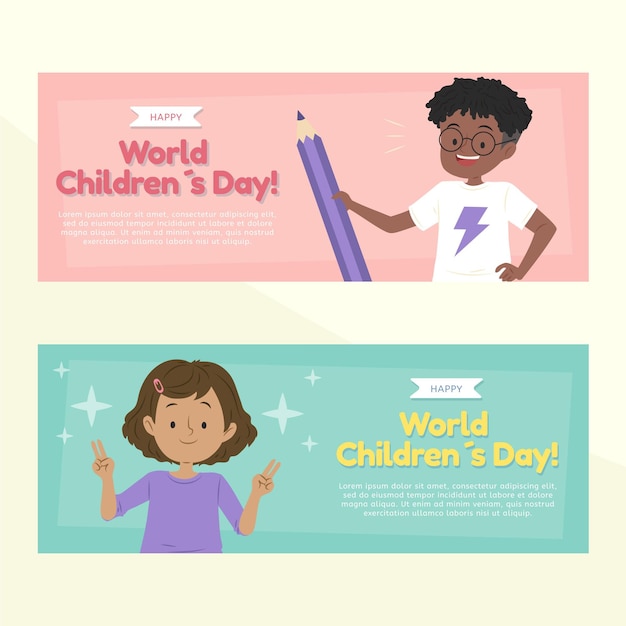 Vettore set di banner orizzontali per la giornata mondiale dei bambini piatti disegnati a mano