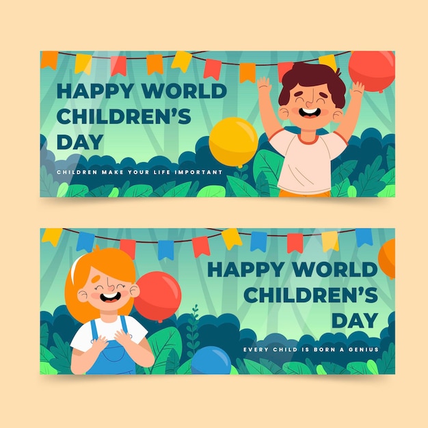 Hand drawn flat world children's day horizontal banners set