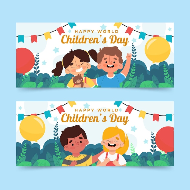 Vector hand drawn flat world children's day horizontal banners set