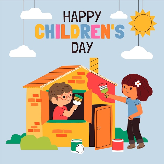 Hand drawn flat world children's day illustration