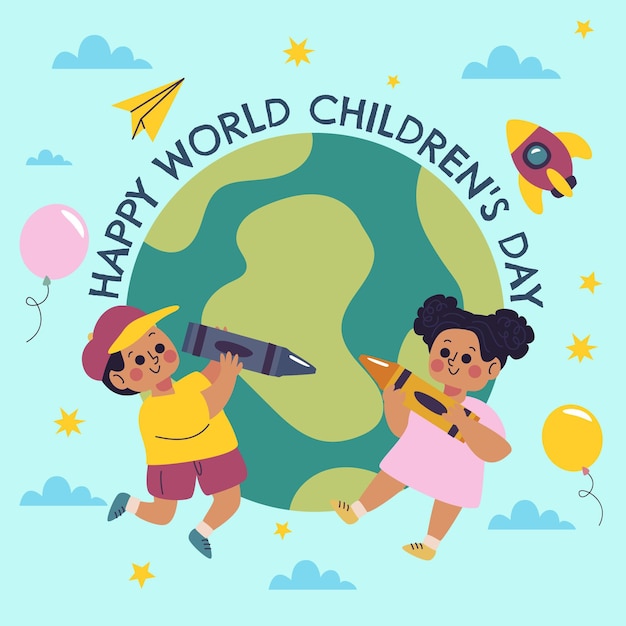 Vector hand drawn flat world children's day illustration