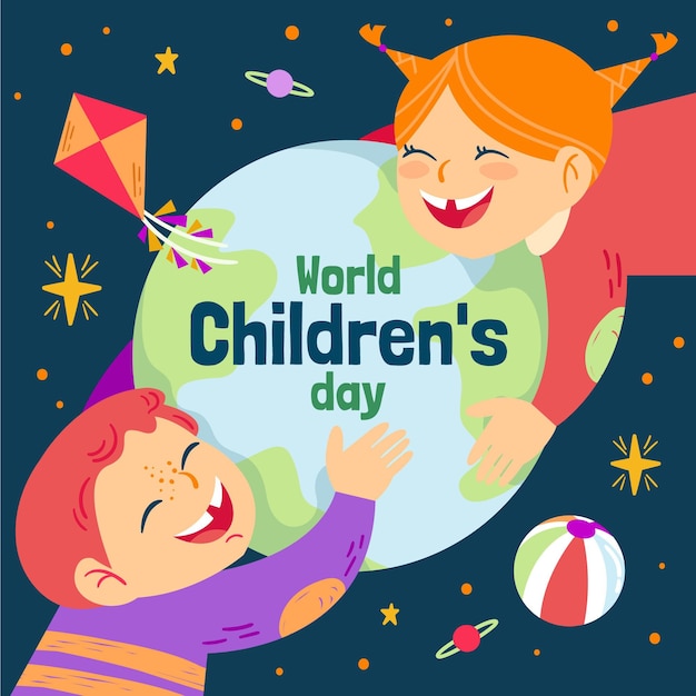 Вектор Нарисованная рукой иллюстрация дня детей плоского мира