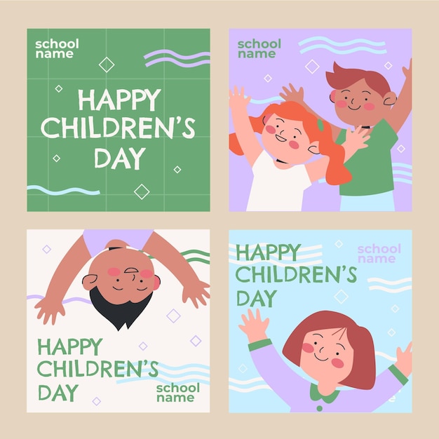 Vector hand drawn flat world children's day instagram posts collection