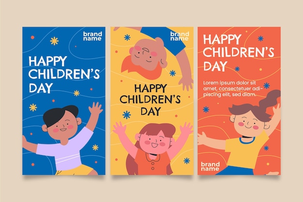 Hand drawn flat world children's day instagram stories collection